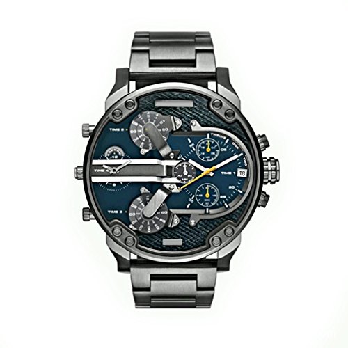 FENKOO Herren Militäruhr Quartz Kalender/Duale Zeitzonen Edelstahl Band Armbanduhr Schwarz von FENKOO