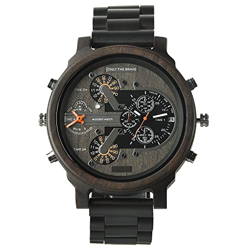 FENKOO Herren Militäruhr Quartz Kalender/Duale Zeitzonen Edelstahl Band Armbanduhr Schwarz von FENKOO