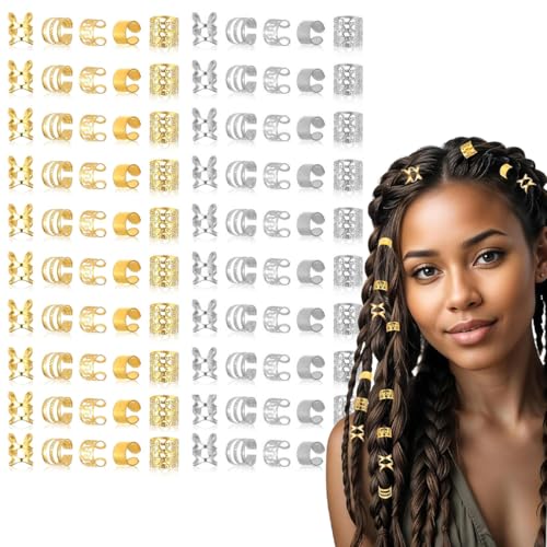 FENQURO 80 Stück Haarschmuck Gold, Dreadlocks Schmuck Goldener Haarschmuck für Zöpfe Braids Schmuck Zubehör, Haar Haarspiralen Clips Metall Cuffs Haare Haarringe Gold Verstellbar für Herren Damen von FENQURO