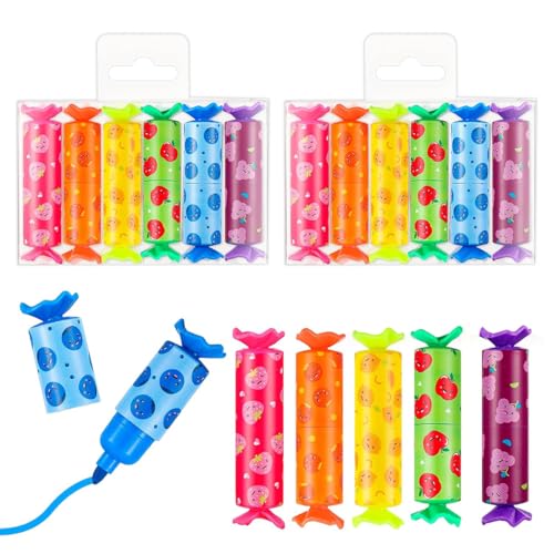FENQURO 12 Stück Mini Textmarker, mini textmarker, Süße Bonbon Textliner Stifte für Kinder Schüler - 6 Farben, lustige Schreibwaren Highlighter Schule Mitgebsel-Füllungen (Fruchtstil) von FENQURO