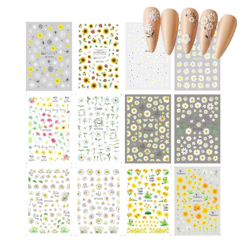 FENQURO 12 Stück nagelsticker blumen, Selbstklebende Blumen Nagelsticker, Gänseblümchen Aufkleber Nagelaufkleber, Kleine Blumen Nail Art Zubehör, Nagel Designing, Fingernägel Aufkleber von FENQURO