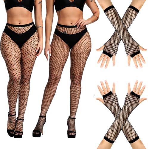 FENQURO 2 Pcs Netzstrumpfhose Schwarz und 2 Paar Netzstretchhandschuhe, Fishnet Stockings Strümpfe, Elastisch Hohe Taille Schenkelhohe Strümpfe Strumpfhosen, Mode Strumpfhosen Netzstrümpfe von FENQURO