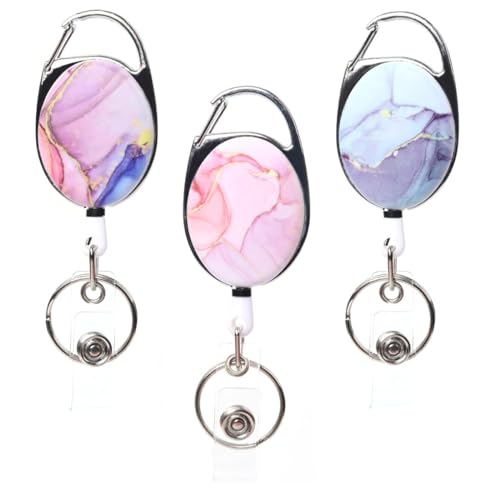 FENQURO 3 Pcs schlüsselband, Einziehbare Ausweisrollen, Rosa Marmor, doppelseitiges Farbdruckmuster Einziehbare Ausweishalter, mit einziehbarem Schlüsselanhänger, Ausweisclip von FENQURO