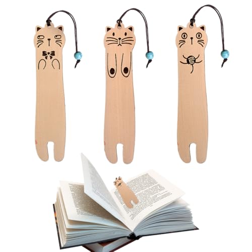 FENQURO 3 Stück lesezeichen, Holz Katze Lesezeichen Cat Bookmarks Süße Lesezeichen Katze Handwerks Lesezeichen Holz Geschenk für Frauen Lehrer Studenten Buchliebhaber Lesen Katzenliebhaber von FENQURO