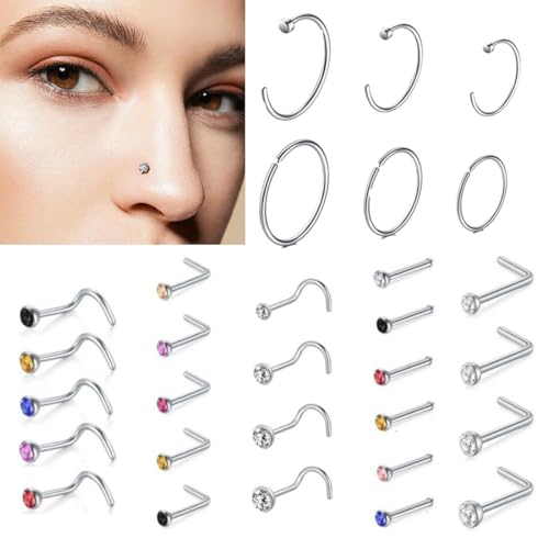 FENQURO 30 Pcs nasenpiercing, nasenpiercing stecker, 20G Nasenpiercing Steck Chirurgenstahl Silber L-Form Nasenstecker Piercing Nase Nose Stud Ring Nostril Piercing Damen Nasen Piercing Nase von FENQURO