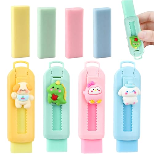 FENQURO 4 Stück Versenkbarer Radiergummi, radiergummi, Radiergummi für Bleistifte und Buntstifte,Radiergummi in Form von Welpe und Dinosaurier, nette Geschenkidee, 2,5 x 8,8 x 1,5 cm von FENQURO