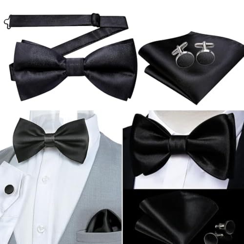 FENQURO Fliege mit Einstecktuch fliege schwarz herren schwarze fliege herren fur Herren Einfarbig Einstellbar Smoking Fliege fur Hochzeit, Party von FENQURO