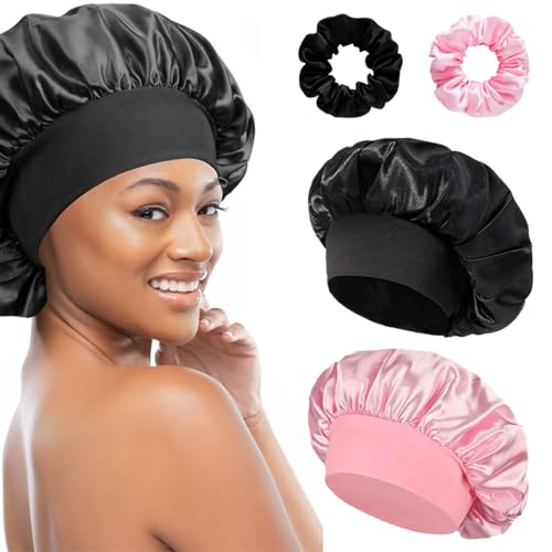 FENQURO Satin Schlafhaube, 2 Stück Seidenhaube Verstellbar Haarhaube Seide mit 2 Stück Satin Haargummis, Nacht Schlaf Haube Damen Mädchen Atmungsaktive Schlafkappe Duschhauben von FENQURO