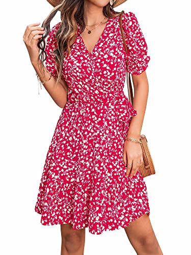 FENSACE Sonnenkleider für Damen, Puffärmel, V-Ausschnitt, fließende Urlaubskleider (rot, Blumenmuster, Größe L), Rot/Ausflug, einfarbig (Getaway Solids) von FENSACE