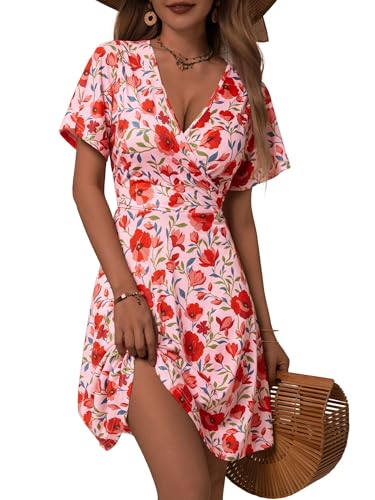 FENSACE Damen-Sommerkleid, Sonnenkleid, Blumenmuster, kurzärmeliges Wickelkleid, V-Ausschnitt, A-Linie, Midi-Länge, X-Groß von FENSACE