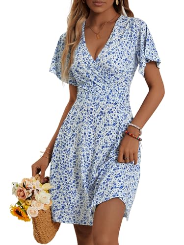 FENSACE Damen-Sommerkleid, Sonnenkleid, Blumenmuster, kurzärmeliges Wickelkleid, V-Ausschnitt, A-Linie, Midi-Länge, X-Groß von FENSACE
