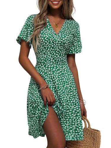 Fensace Damen-Sommerkleid, Sonnenkleid, Blumenmuster, kurzärmeliges Wickelkleid, V-Ausschnitt, A-Linie, Mittel von FENSACE