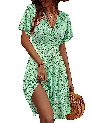 FENSACE Sommerkleid für Damen, Blumenmuster, Kurze Ärmel, V-Ausschnitt, A-Linie, Sommerkleid Midikleid, Floral-25, X-Groß von FENSACE