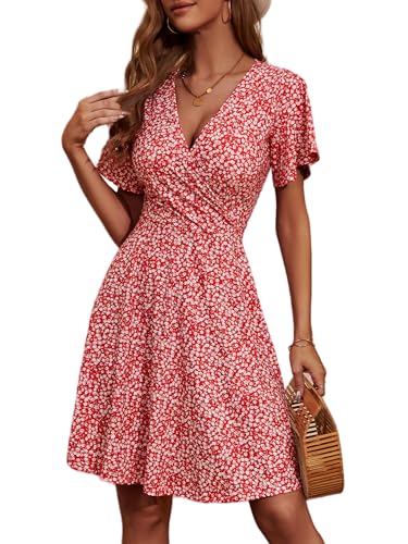 Fensace Damen-Sommerkleid, Sonnenkleid, Blumenmuster, kurzärmeliges Wickelkleid, V-Ausschnitt, A-Linie, Groß von FENSACE
