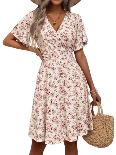 Fensace Damen-Sommerkleid, Sonnenkleid, Blumenmuster, kurzärmeliges Wickelkleid, V-Ausschnitt, A-Linie, Klein Fensace Damen-Sommerkleid, Sonnenkleid, Blumenmuster, kurzärmeliges Wickelkleid, V-Ausschnitt, A-Linie, Klein von FENSACE