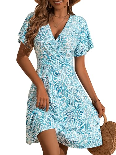 Fensace Damen-Sommerkleid, Sonnenkleid, Blumenmuster, kurzärmeliges Wickelkleid, V-Ausschnitt, A-Linie, Midi-Länge, Mittel Fensace Damen-Sommerkleid, Sonnenkleid, Blumenmuster, kurzärmeliges Wickelkleid, V-Ausschnitt, A-Linie, Midi-Länge, Mittel von FENSACE