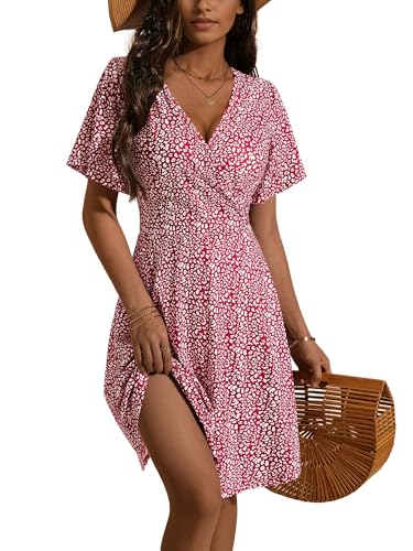 Fensace Damen-Sommerkleid, Sonnenkleid, Blumenmuster, kurzärmeliges Wickelkleid, V-Ausschnitt, A-Linie, Mittel von FENSACE