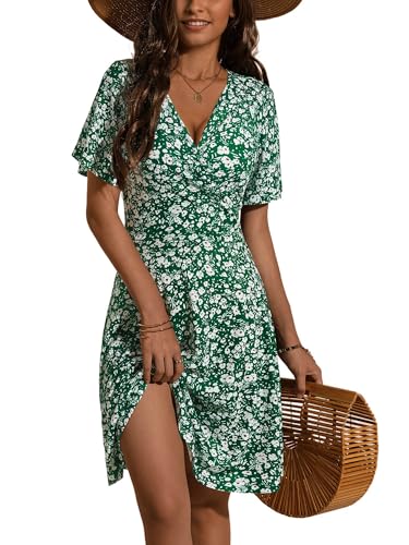 Fensace Damen-Sommerkleid, Sonnenkleid, Blumenmuster, kurzärmeliges Wickelkleid, V-Ausschnitt, A-Linie, X-Groß von FENSACE