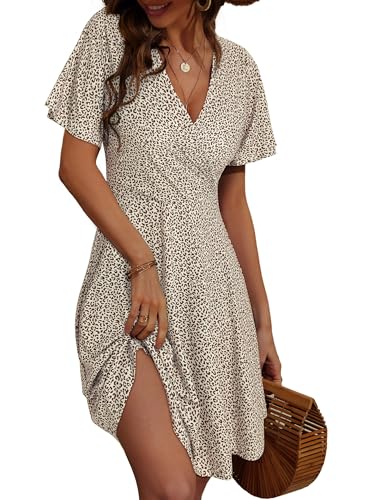 Fensace Damen-Sommerkleid, Sonnenkleid, Blumenmuster, kurzärmeliges Wickelkleid, V-Ausschnitt, A-Linie, X-Groß von FENSACE