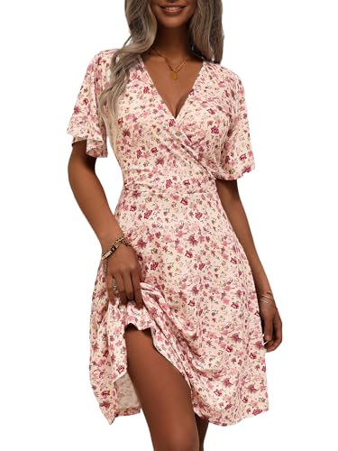 Fensace Damen-Sommerkleid, Sonnenkleid, Blumenmuster, kurzärmeliges Wickelkleid, V-Ausschnitt, A-Linie, X-Groß von FENSACE