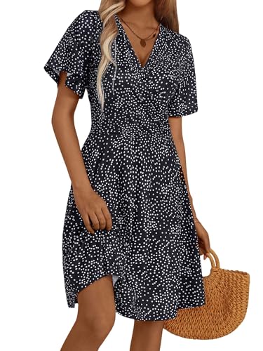 Fensace Damen-Sommerkleid, Sonnenkleid, Blumenmuster, kurzärmeliges Wickelkleid, V-Ausschnitt, A-Linie, X-Groß von FENSACE