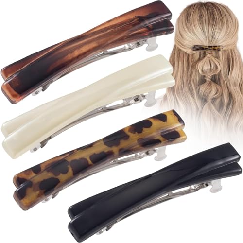 4PCS Schildpatt Haarspangen für Frauen 2,5 Zoll Klassisch Französisch Haarspangen Gebogen Glänzend Haar-Accessoires (Schwarz Weiß Leopard Bernstein) von FENXIXIONE