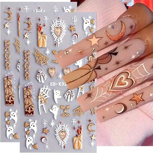 5d Geprägt Weißes Skelett Nagelabziehbilder Für Frauen Mädchen DIY Kunst Selbstklebend Nagel Dekoration Zubehör Halloween Gruselige Totenköpfe Spinne Geist Nagelaufkleber (Gold Glitetr Spinnennetz) von FENXIXIONE