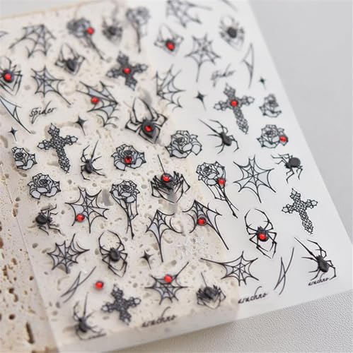 5d Geprägt Weißes Skelett Nagelabziehbilder Für Frauen Mädchen DIY Kunst Selbstklebend Nagel Dekoration Zubehör Halloween Gruselige Totenköpfe Spinne Geist Nagelaufkleber (Schwarzes Spinnennetz) von FENXIXIONE