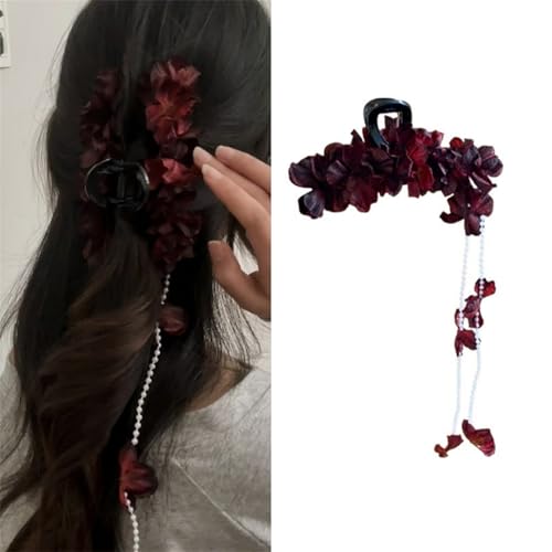 Drapierblume Haarschmuck - Blume Cluster Haarkralle Clip für Frauen, Groß, rutschfest Haar Klammern, Quaste Haar Fangklemme Haar für Mode Strand (Burgunderrot) von FENXIXIONE