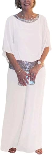 FENXIXIONE 2 Stück Frauen Batwing Ärmel Pailletten Chiffon Bluse Plus Größe Rundhalsausschnitt Weites Bein Hosenset Hochzeit Gast-Outfit (3XL,Weiß) von FENXIXIONE