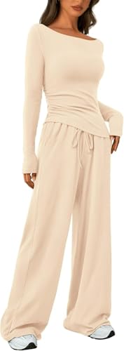 FENXIXIONE Damen Herbst 2-teilige Outfits Asymmetrischer Saum Schlanke Lange Ärmel Und Hohe Taille Kordelzug Weites Bein Lang Hosen-Sets, Gemütlich Trainingsanzüge Anzug (Beige,M) von FENXIXIONE