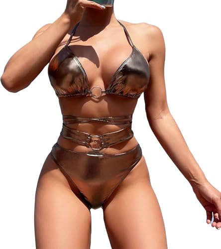 FENXIXIONE Damen Metall Bikini Set Leichte Bandage Badeanzug Top Push-up Pads Crop Bademode und Tieswim-Badehosen (L) von FENXIXIONE