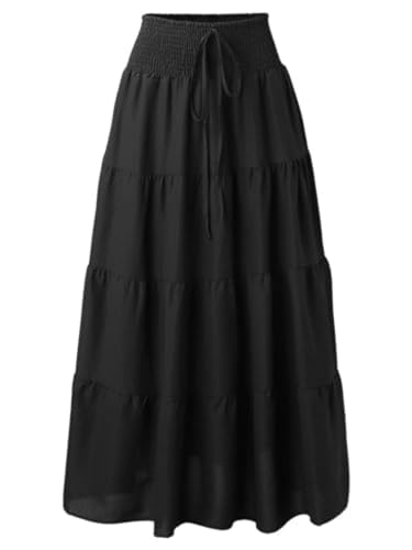 FENXIXIONE Damen Sommer Solide Lässig Hohe Taille Plissiert Ruffle Rock Frauen Lange Röcke Fold Over A Line Rock (M,Schwarz) von FENXIXIONE
