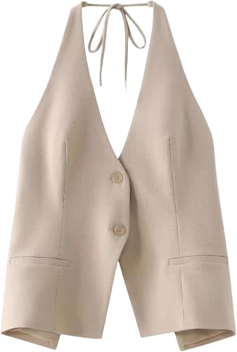 FENXIXIONE Frauen Tank Tops Backless Blazer Cropped Jacke Arbeit Büro Weste Business Knopf ärmellos V Hals Anzug Jacke Weste (Khaki,XS) von FENXIXIONE