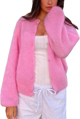 FENXIXIONE Frauen Y2k Crop Strickjacke Pullover Crop Button Down Strickjacke Niedlich Langarmig Pullover Offene Vorderseite Leichtes Strick-Oberteile (Rosa,S) von FENXIXIONE