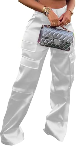 FENXIXIONE Für Frauen Glänzend Metallisch Satin Hose - Hoch tailliert Extra lang Cargo Hosen, Mehrere Taschen Weites Bein Hose (L,Weiß) von FENXIXIONE