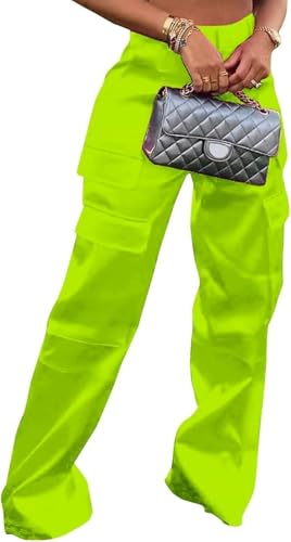 FENXIXIONE Für Frauen Glänzend Metallisch Satin Hose - Hoch tailliert Extra lang Cargo Hosen, Mehrere Taschen Weites Bein Hose (M,Neon) von FENXIXIONE