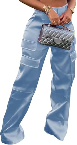 FENXIXIONE Für Frauen Glänzend Metallisch Satin Hose - Hoch tailliert Extra lang Cargo Hosen, Mehrere Taschen Weites Bein Hose (XXL,Hellblau) von FENXIXIONE