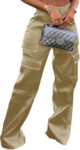 FENXIXIONE Für Frauen Glänzend Metallisch Satin Hose - Hoch tailliert Extra lang Cargo Hosen, Mehrere Taschen Weites Bein Hose (XXL,Lyellow) von FENXIXIONE