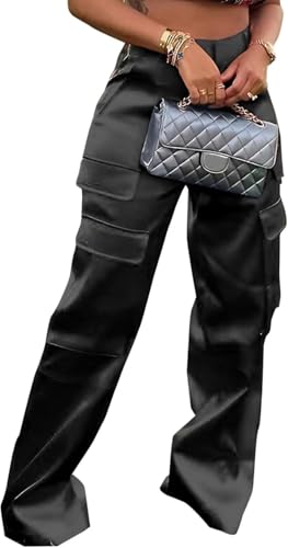 FENXIXIONE Für Frauen Glänzend Metallisch Satin Hose - Hoch tailliert Extra lang Cargo Hosen, Mehrere Taschen Weites Bein Hose (XXL,Schwarz) von FENXIXIONE