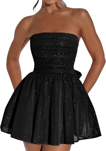 FENXIXIONE Glitzer Kurz Tüll Homecoming Kleider Für Teens Trägerlos Ballkleid Mini-Cocktail Party-Kleider Mit Schleife Am Rücken (M,Schwarz) von FENXIXIONE