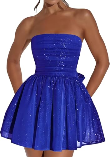 FENXIXIONE Glitzer Kurz Tüll Homecoming Kleider Für Teens Trägerlos Ballkleid Mini-Cocktail Party-Kleider Mit Schleife Am Rücken (S,Blau) von FENXIXIONE
