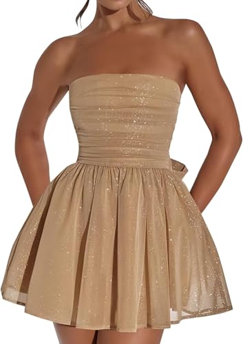 FENXIXIONE Glitzer Kurz Tüll Homecoming Kleider Für Teens Trägerlos Ballkleid Mini-Cocktail Party-Kleider Mit Schleife Am Rücken (S,Kamel Farbe) von FENXIXIONE