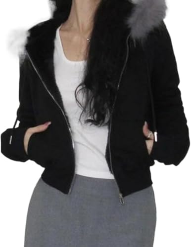 Kunstpelz Besatz Tarnmuster Kapuzenpullover Für Frauen, Y2k Langärmelig Gekürztes Sweatshirt, Zip Up Jacke Mit Fellkapuze (Schwarz,M) von FENXIXIONE