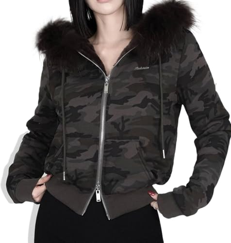 FENXIXIONE Kunstpelz Besatz Tarnmuster Kapuzenpullover Für Frauen, Y2k Langärmelig Gekürztes Sweatshirt, Zip Up Jacke Mit Fellkapuze (Tarnung,S) von FENXIXIONE