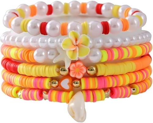 FENXIXIONE Preppy Lehm Perlen-Armbänder Für Frauen, Bohème Stapelbar Schichtung Stretch Armbänder, Freundschaft Armbänder Strand-Accessoires, Y2k-Schmuck (Orange Gelb) von FENXIXIONE