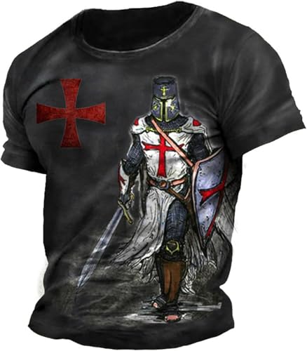 FENXIXIONE Ritter Der Männer Tempelritter 3D-bedrucktes T-Shirt Retro Lässig Rundhalsausschnitt Kurzärmelige Tops Fitnessstudio Workout T-Shirts (XXL,# 3) von FENXIXIONE