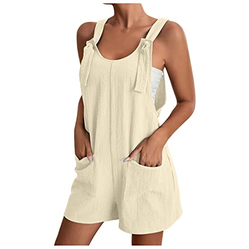 FENXIXIONE Strampler Für Frauen 2024 Sommermode Jumpsuits Overalls Dressy Lose Overall Shorts Strand Outfits Ärmellos Boho Hosenträger Mit Tasche (Aprikose,S) von FENXIXIONE