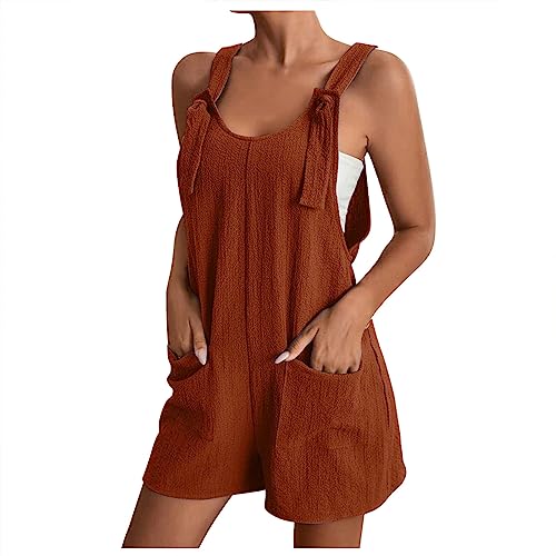 FENXIXIONE Strampler Für Frauen 2024 Sommermode Jumpsuits Overalls Dressy Lose Overall Shorts Strand Outfits Ärmellos Boho Hosenträger Mit Tasche (Braun,S) von FENXIXIONE