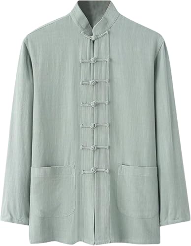 FENXIXIONE Traditionell Langärmelig Tang Kung Fu Uniform Herren Hemd Leinen Bluse Retro Mandarin-Kragen Knopf Oberteile (L,Mintgrün) von FENXIXIONE